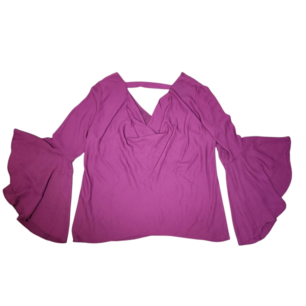 White House Black Market Dramatic Purple Bell Sleeve‎ Drape Back Blouse Top 6 M - Picture 8 of 15